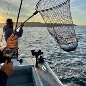 Angler Holding A Fishing Rod With A Net Ready To Catch Fish During A Guided Fishing Tour In Puget Sound, Seattle.